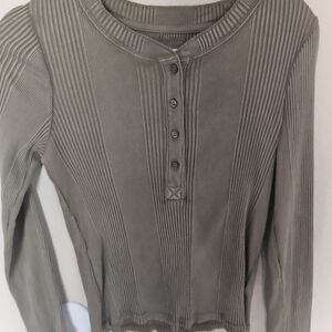 Aerie Gray Ribbed Long Sleeve Polo Button Down Shirt